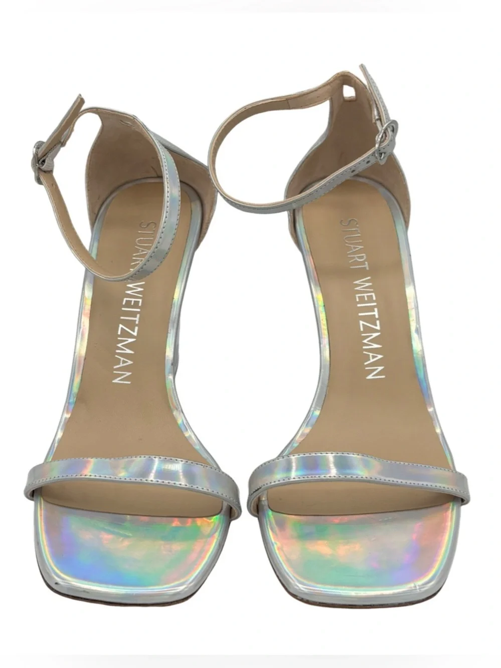 NWOB Stuart Weitzman Silver Holographic Nudist Lucite Wedge Sandal - Sz 9 - Picture 2 of 7